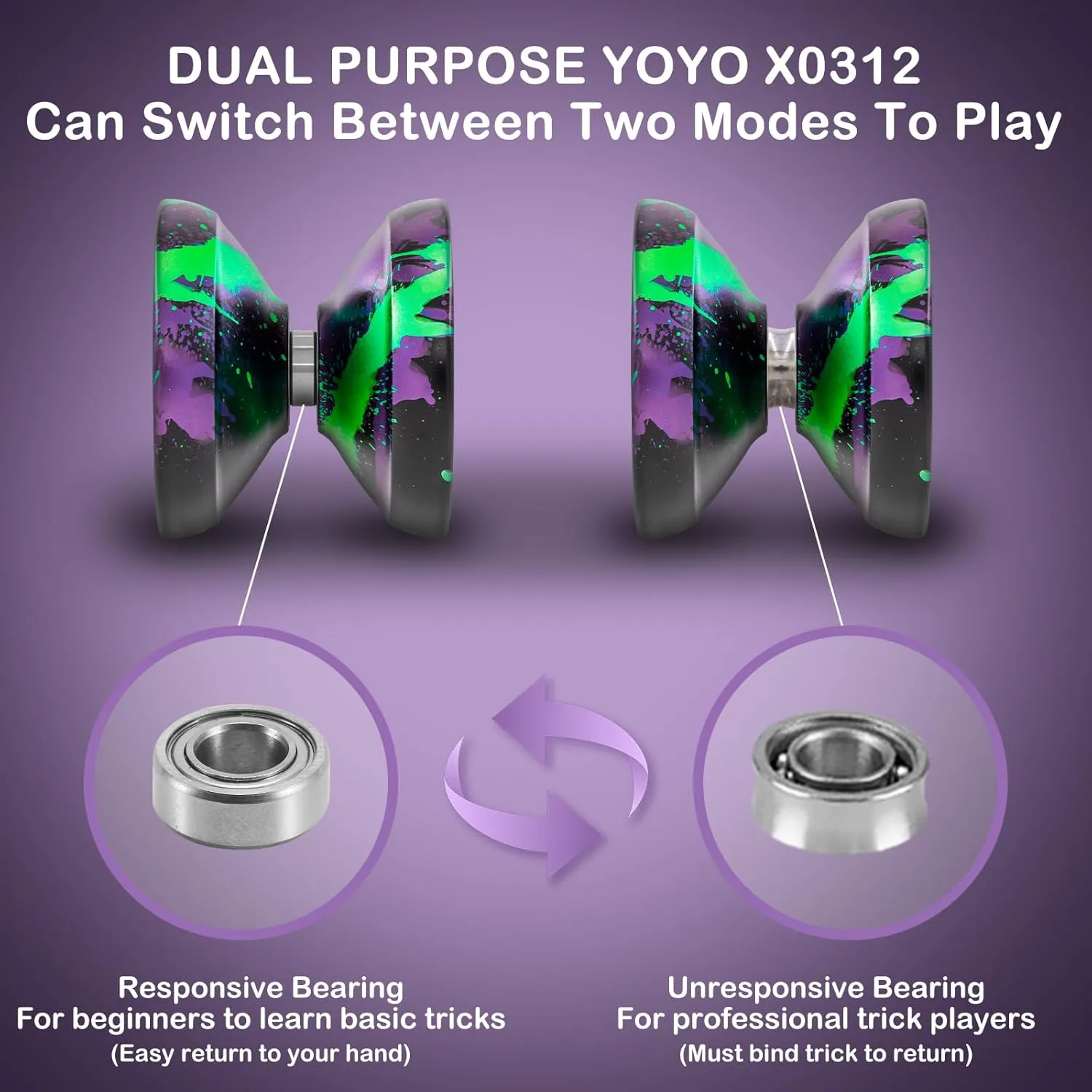 X0312 Responsive Yoyo Professional Unresponsive Yoyo for Kids 8-12 Finger Spin Trick Yo Yo for Kids Adults Metal Yoyos with Bearing Kit, 10 Yo-Yo Strings, Case & Glove - Black Green Purple