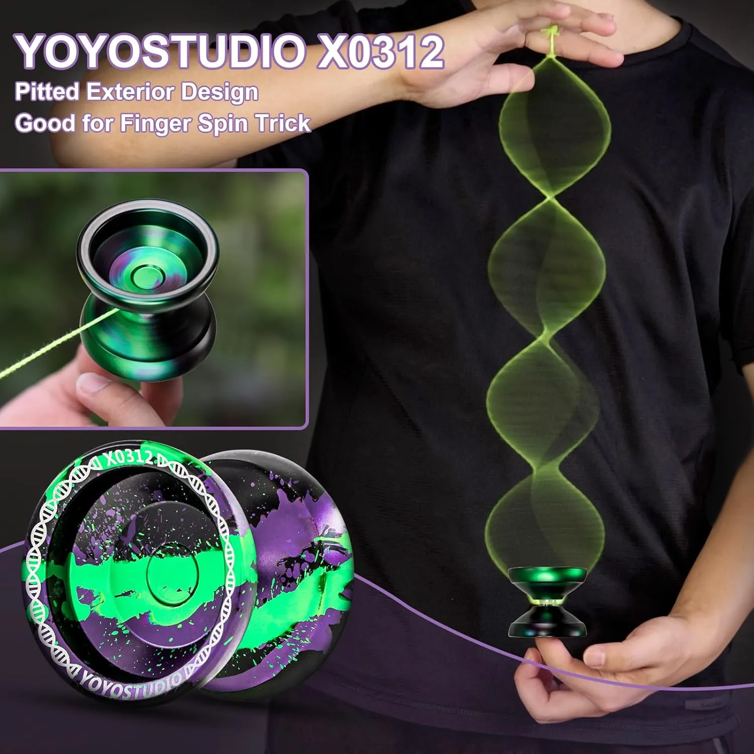 X0312 Responsive Yoyo Professional Unresponsive Yoyo for Kids 8-12 Finger Spin Trick Yo Yo for Kids Adults Metal Yoyos with Bearing Kit, 10 Yo-Yo Strings, Case & Glove - Black Green Purple