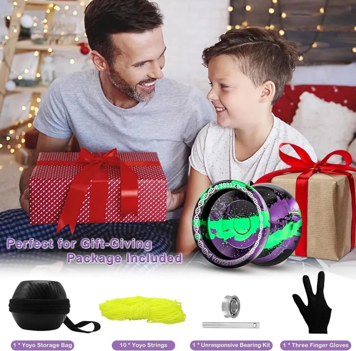 X0312 Responsive Yoyo Professional Unresponsive Yoyo for Kids 8-12 Finger Spin Trick Yo Yo for Kids Adults Metal Yoyos with Bearing Kit, 10 Yo-Yo Strings, Case & Glove - Black Green Purple