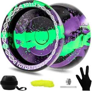 X0312 Responsive Yoyo Professional Unresponsive Yoyo for Kids 8-12 Finger Spin Trick Yo Yo for Kids Adults Metal Yoyos with Bearing Kit, 10 Yo-Yo Strings, Case & Glove - Black Green Purple