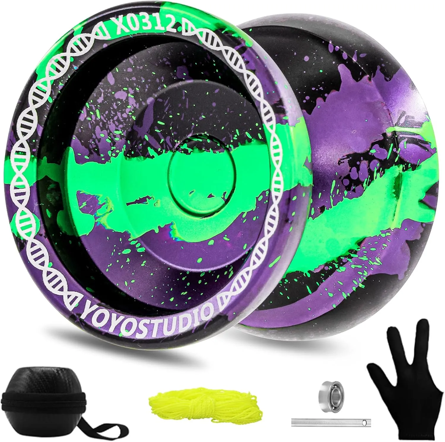 X0312 Responsive Yoyo Professional Unresponsive Yoyo for Kids 8-12 Finger Spin Trick Yo Yo for Kids Adults Metal Yoyos with Bearing Kit, 10 Yo-Yo Strings, Case & Glove - Black Green Purple