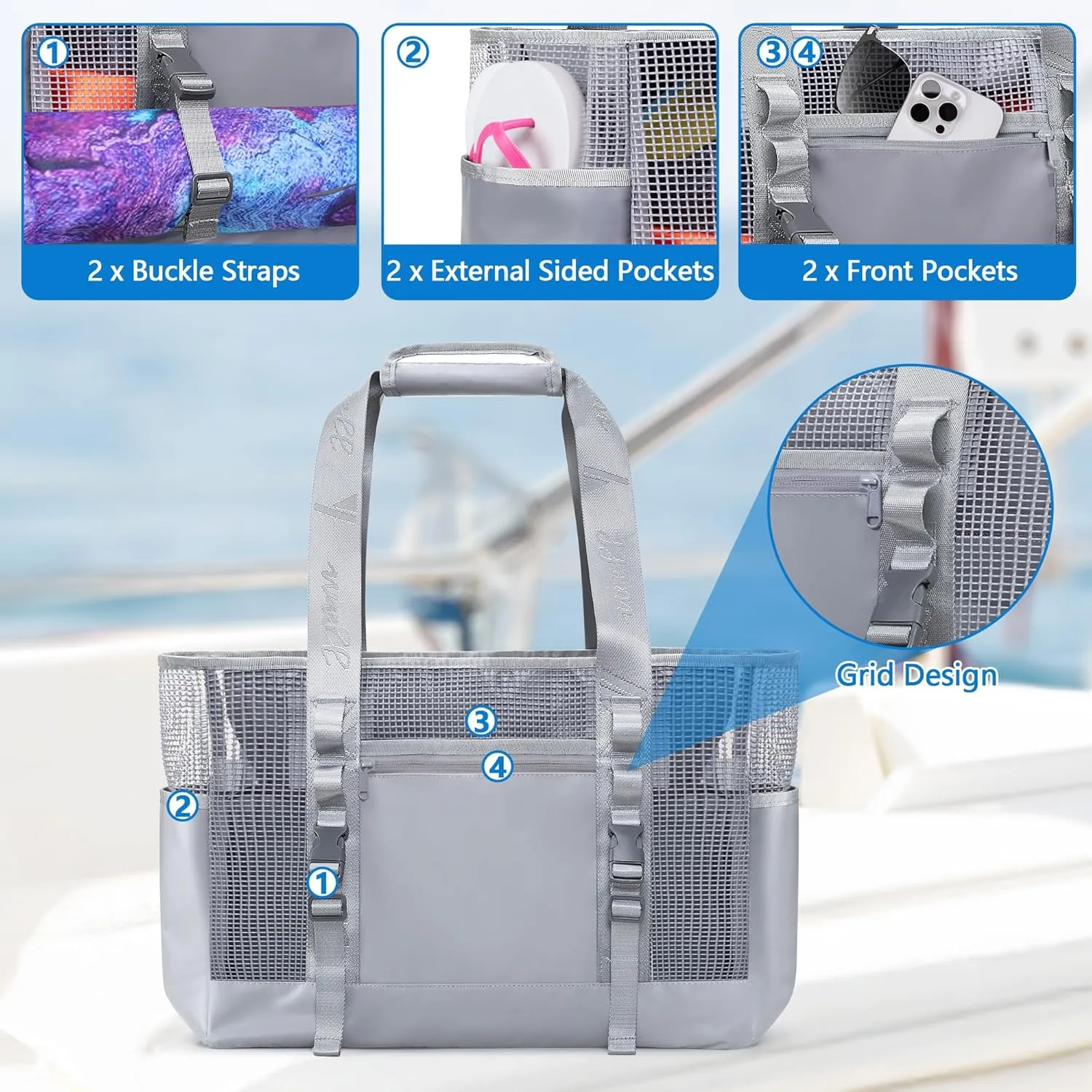 Yarwo Boat Gear Tote Bag, 35.5L Waterproof Boat Accessories Organizer with Marine-Grade Coated Mesh and Wet Dry Pockets, Marine Storage Bag for Boating, Kayaking, Fishing, Trunk, Camping, Gray