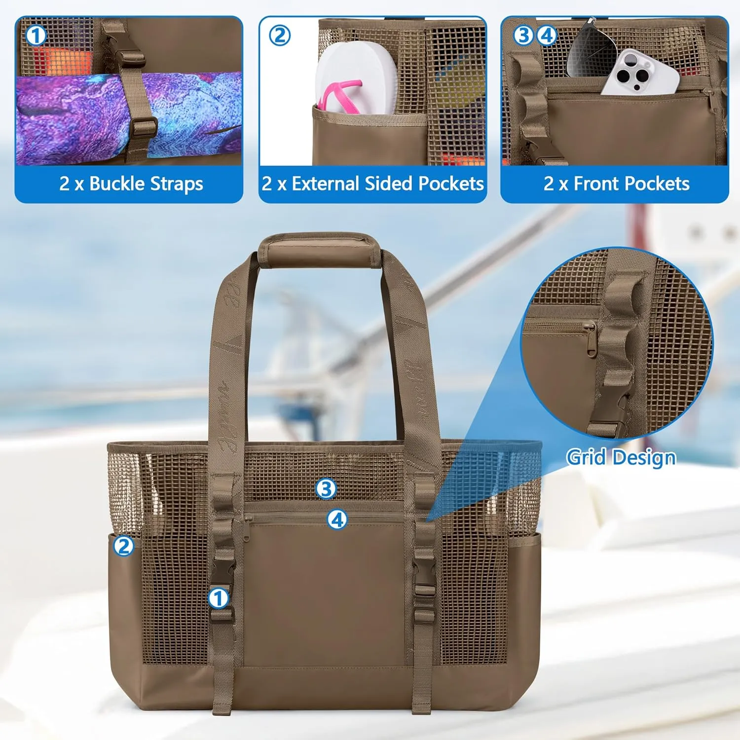 Yarwo Boat Gear Tote Bag, 35.5L Waterproof Boat Accessories Organizer with Marine-grade Coated Mesh and Wet Dry Pockets, Marine Storage Bag for Boating, Kayaking, Fishing, Trunk, Camping, Khaki Brown