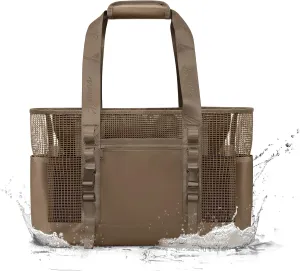 Yarwo Boat Gear Tote Bag, 35.5L Waterproof Boat Accessories Organizer with Marine-grade Coated Mesh and Wet Dry Pockets, Marine Storage Bag for Boating, Kayaking, Fishing, Trunk, Camping, Khaki Brown