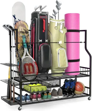 YITAHOME Golf Bag Storage Rack with Wheels, 3/4/5 Golf Bags Organizer for Garage, Club, and Shed, Features Drawer for Golf Bags, Clubs, Balls, and Other Sport Equipment