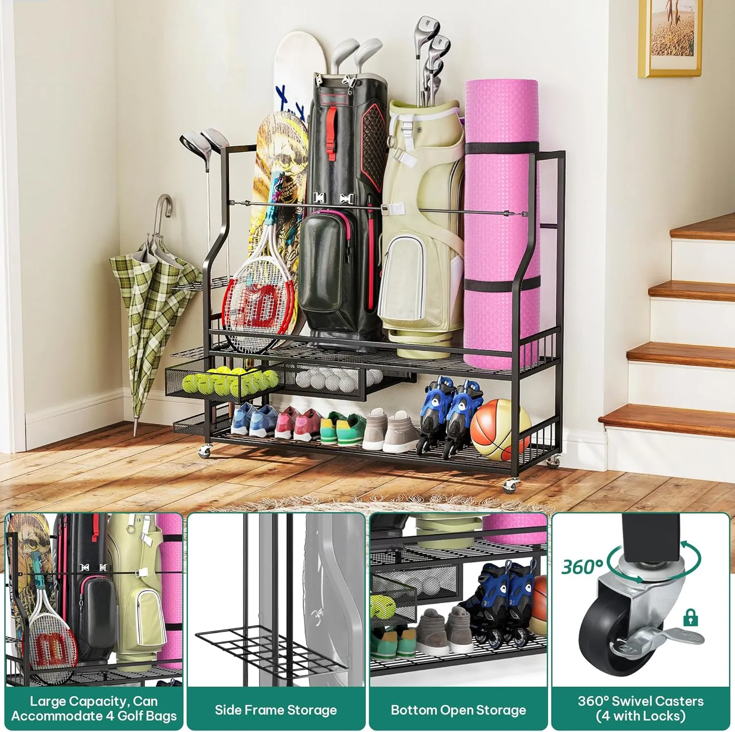 YITAHOME Golf Bag Storage Rack with Wheels, 3/4/5 Golf Bags Organizer for Garage, Club, and Shed, Features Drawer for Golf Bags, Clubs, Balls, and Other Sport Equipment