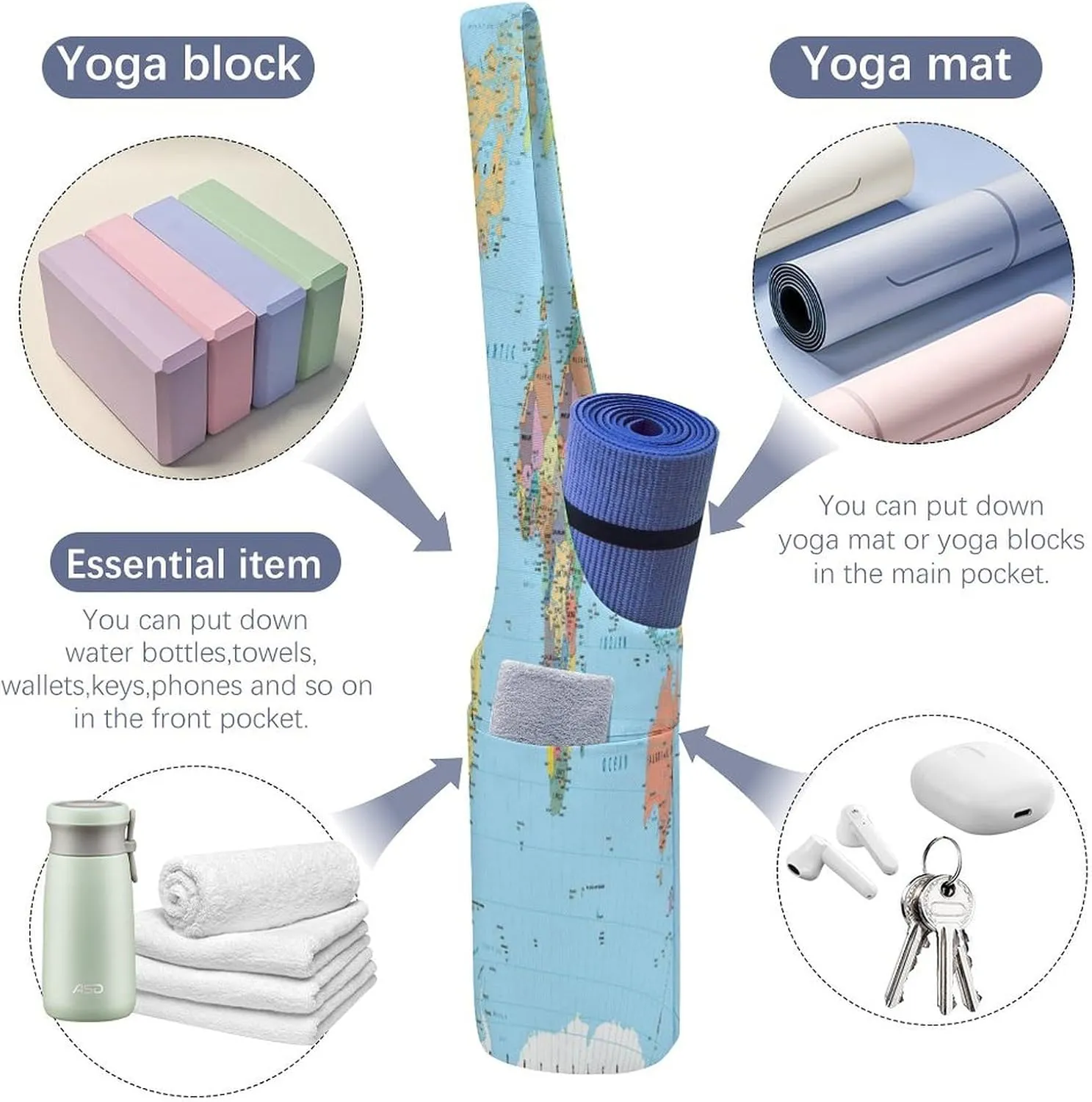 Yoga Mat Bag, Soft Canvas Storage Bag Fashion Mat Bag for Clothes Dorm Organizer with Pocket Shoulder Strap