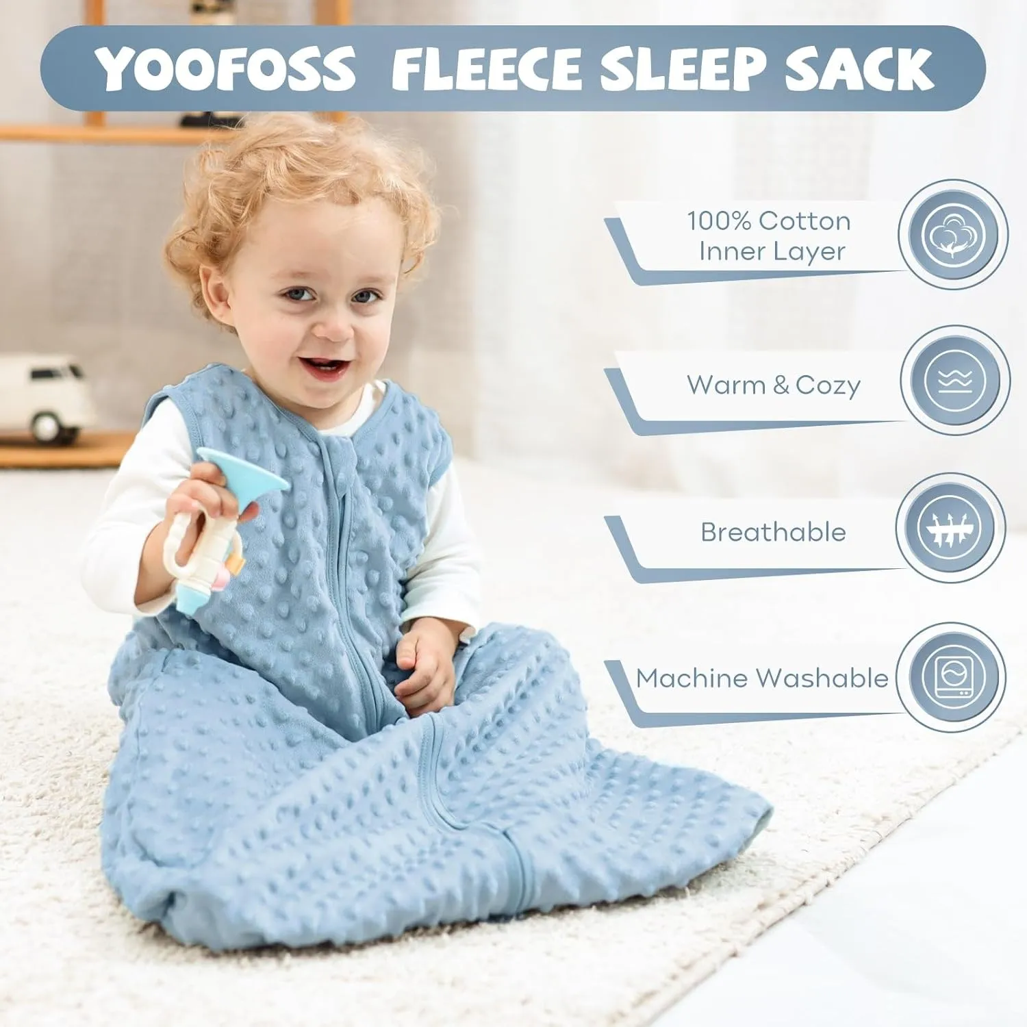 Yoofoss Fleece Baby Sleep Sack 18-24 Months with Plush Dots, TOG 1.5 Baby Wearable Blanket with 2-Way Zipper, Organic Cotton Toddler Sleeping Sack Fleece