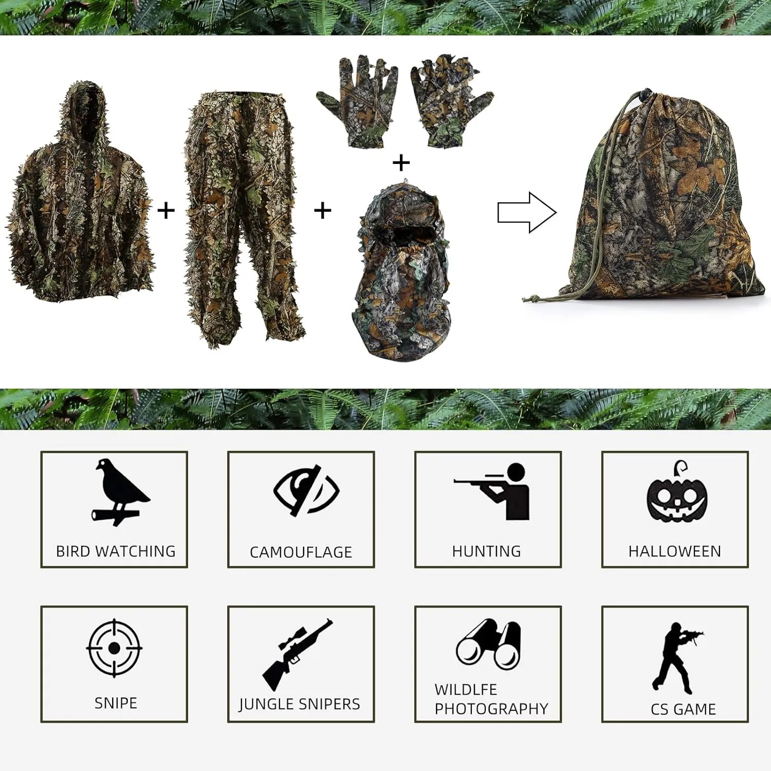 Zicac Outdoor Camo Ghillie Suit 3D Leafy Camouflage Clothing Jungle Woodland Hunting
